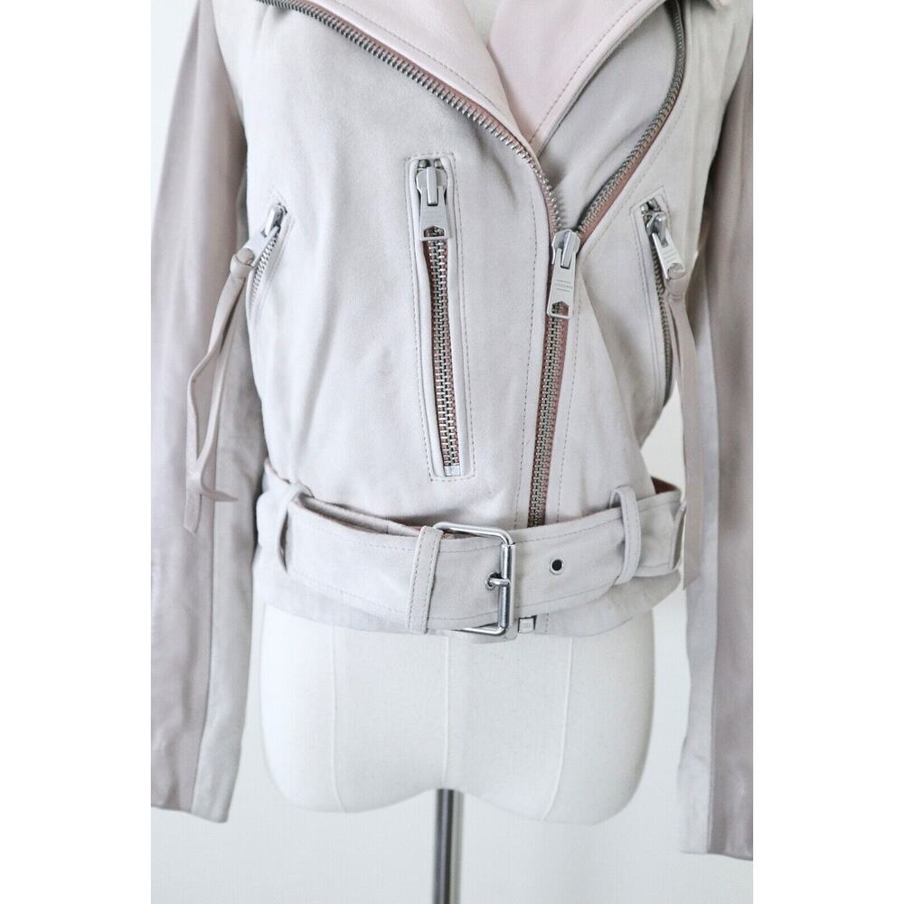 AllSaints Size 4 Balfern Biker Jacket Suede Leather Moto Cream Pink Mix - Picture 5 of 13